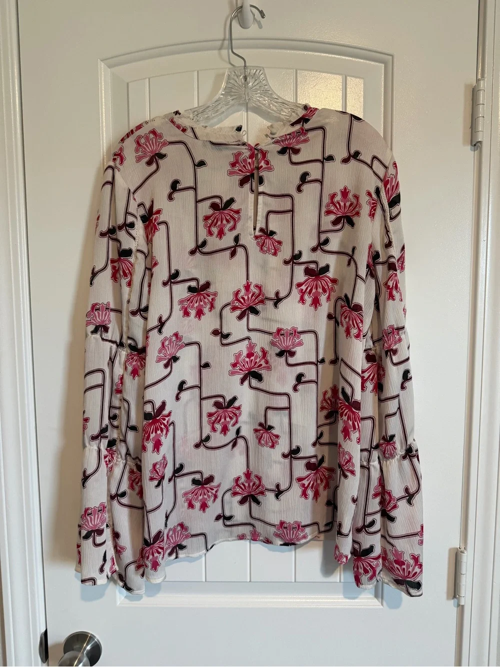Ann Taylor Cream Blouse with Pink Floral Ruffle Yoke and Black Vine Detail